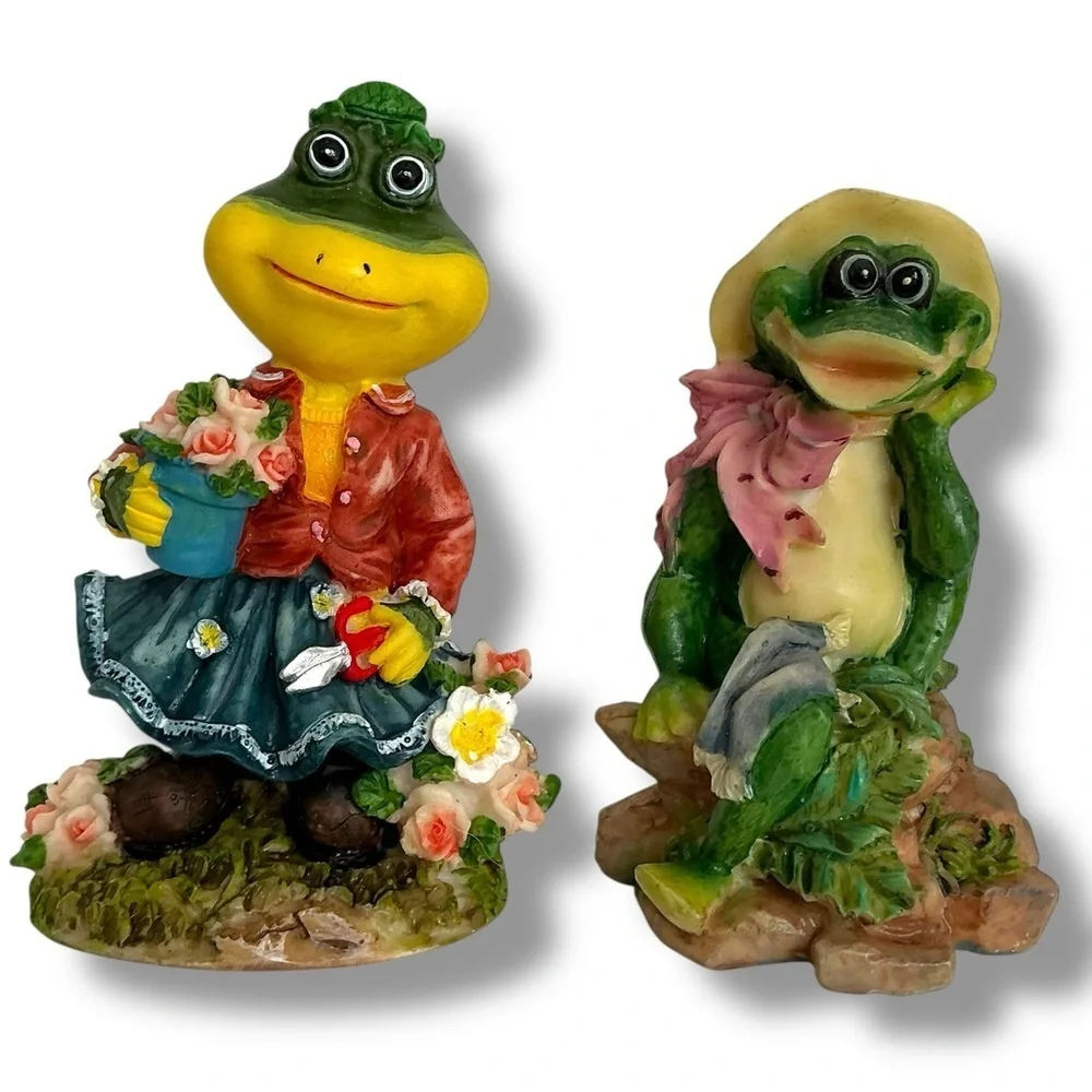 Vintage Frog Figurines Gardening Theme 4”-5” Intricate Carving 2 PC Collectible